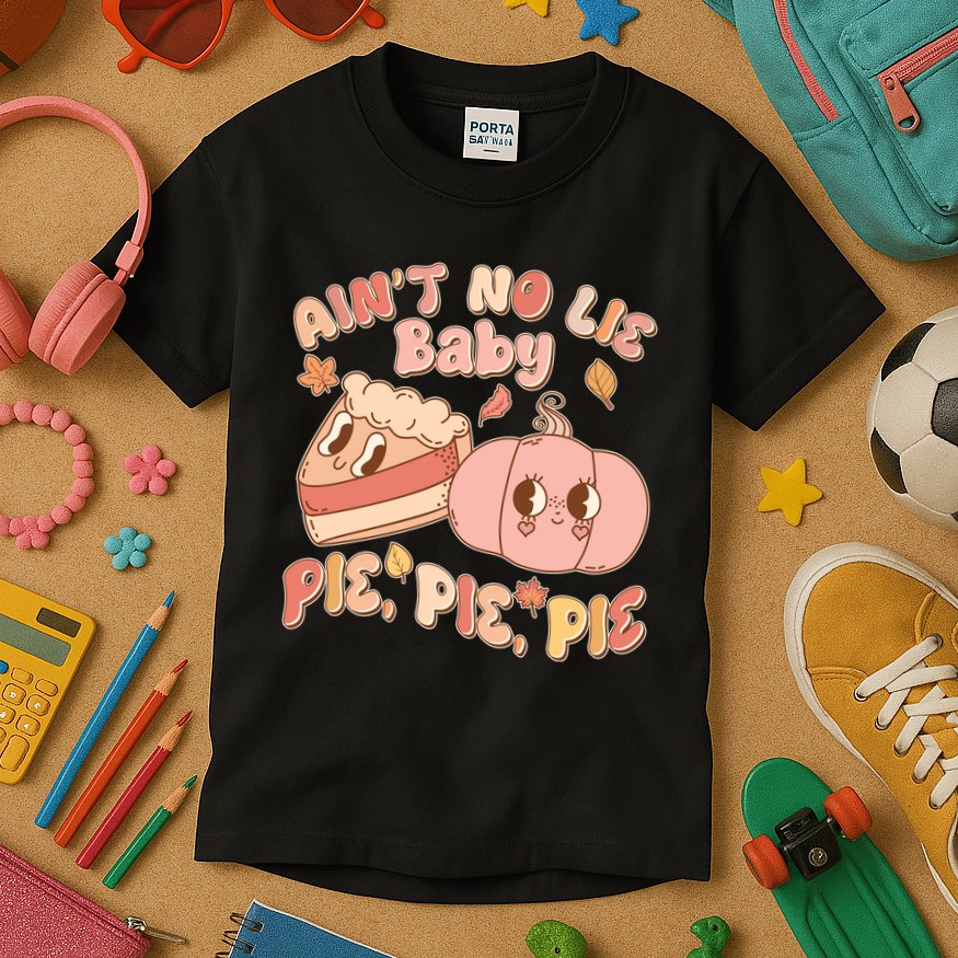 Cute Thanksgiving Aint No Lie Baby Pie Pie Pie Retro Cartoon Pumpkin Pie Kids T-Shirt