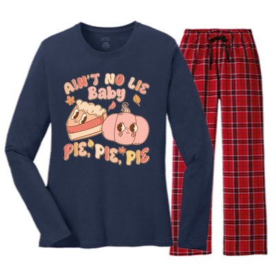 Cute Thanksgiving Aint No Lie Baby Pie Pie Pie Retro Cartoon Pumpkin Pie Women's Long Sleeve Flannel Pajama Set 