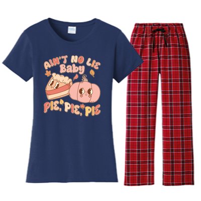 Cute Thanksgiving Aint No Lie Baby Pie Pie Pie Retro Cartoon Pumpkin Pie Women's Flannel Pajama Set