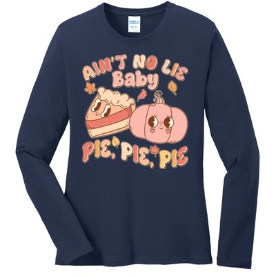 Cute Thanksgiving Aint No Lie Baby Pie Pie Pie Retro Cartoon Pumpkin Pie Ladies Long Sleeve Shirt