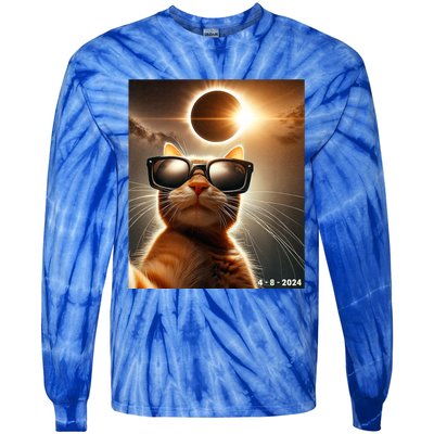 Cat Taking A Selfie With Solar 2024 Eclipse Wearing Glasses Tie-Dye Long Sleeve Shirt