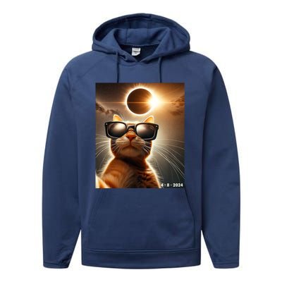 Cat Taking A Selfie With Solar 2024 Eclipse Wearing Glasses Performance Fleece Hoodie