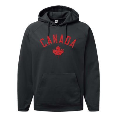 Canada Text And Leaf Distressed Red Print Performance Fleece Hoodie