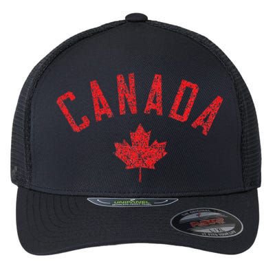 Canada Text And Leaf Distressed Red Print Flexfit Unipanel Trucker Cap