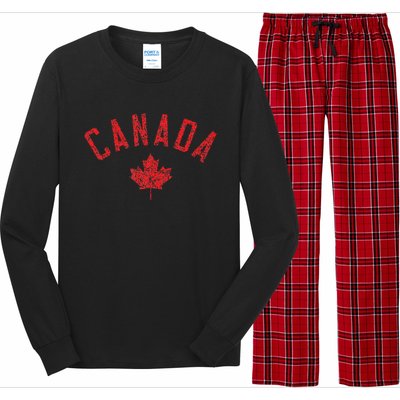 Canada Text And Leaf Distressed Red Print Long Sleeve Pajama Set