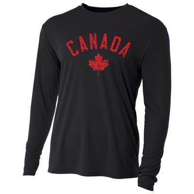 Canada Text And Leaf Distressed Red Print Cooling Performance Long Sleeve Crew