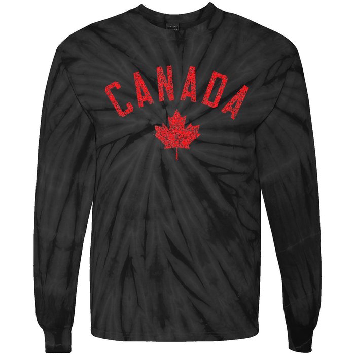 Canada Text And Leaf Distressed Red Print Tie-Dye Long Sleeve Shirt