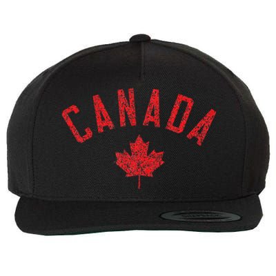 Canada Text And Leaf Distressed Red Print Wool Snapback Cap