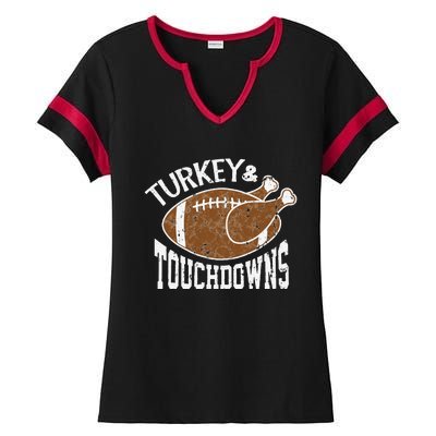 Cute Turkey And Touchdowns Funny Thanksgiving Football Ladies Halftime Notch Neck Tee