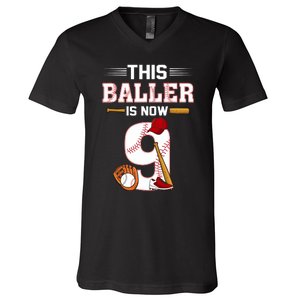 Cool This Baller Is Now 9 Baseball 9th Birthday V-Neck T-Shirt