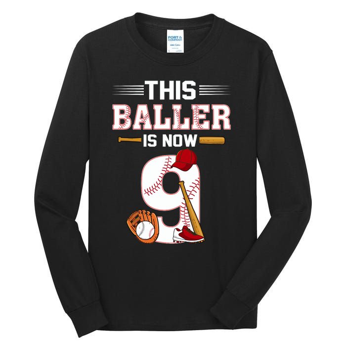 Cool This Baller Is Now 9 Baseball 9th Birthday Tall Long Sleeve T-Shirt