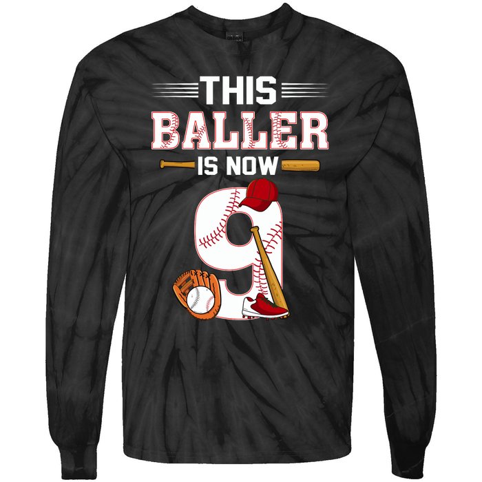 Cool This Baller Is Now 9 Baseball 9th Birthday Tie-Dye Long Sleeve Shirt