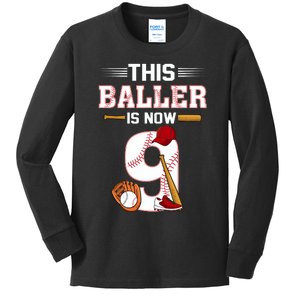 Cool This Baller Is Now 9 Baseball 9th Birthday Kids Long Sleeve Shirt