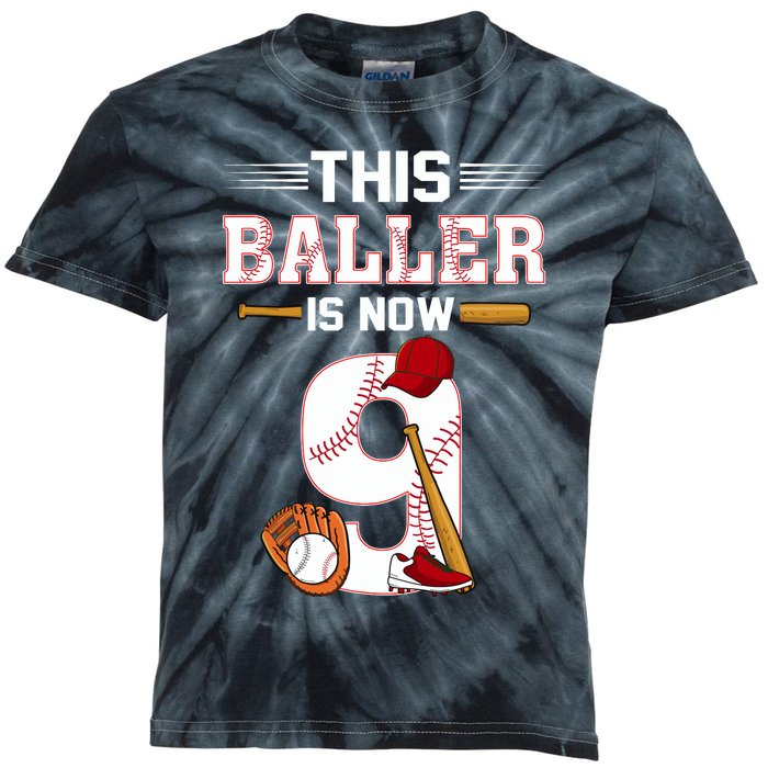 Cool This Baller Is Now 9 Baseball 9th Birthday Kids Tie-Dye T-Shirt