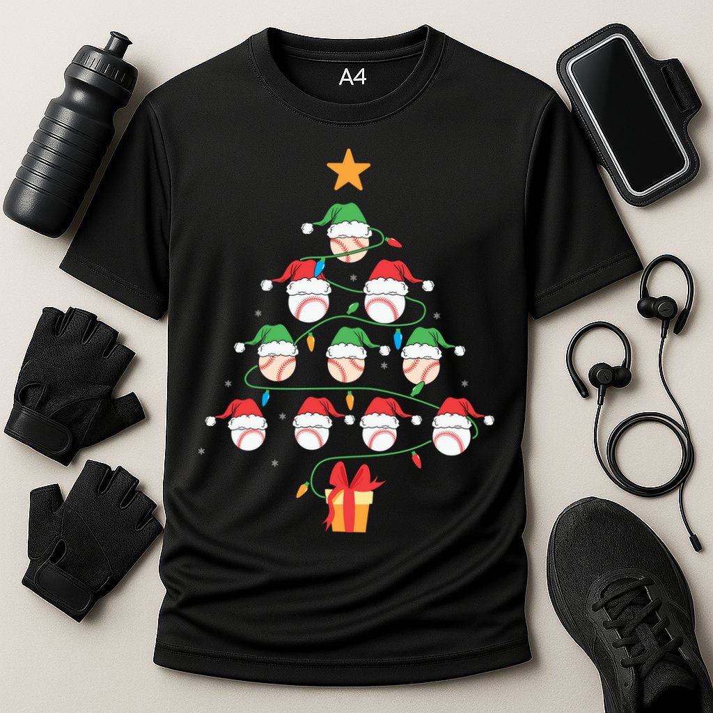 Christmas Baseball Tree Light Funny Xmas Sport Holiday Performance Shirt