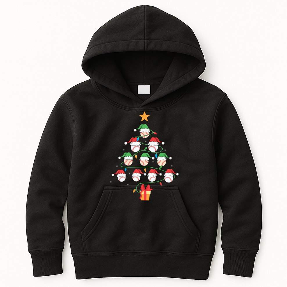 Christmas Baseball Tree Light Funny Xmas Sport Holiday Kids Hoodie