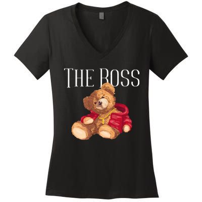 Cool Teddy Bear Dollar Sign Teddy Lover The Boss Bossy Women's V-Neck T-Shirt