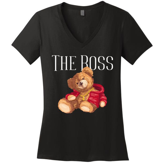 Cool Teddy Bear Dollar Sign Teddy Lover The Boss Bossy Women's V-Neck T-Shirt