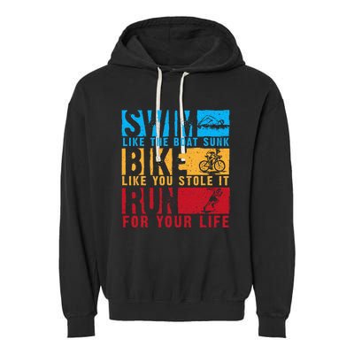 Cool Triathlon Boat Swim Bike Run Triathlete Garment-Dyed Fleece Hoodie