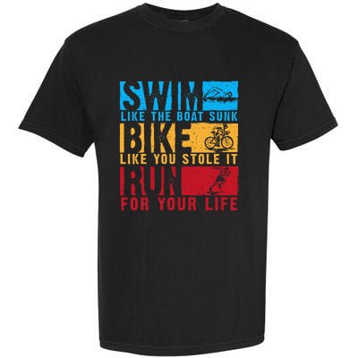 Cool Triathlon Boat Swim Bike Run Triathlete Garment-Dyed Heavyweight T-Shirt