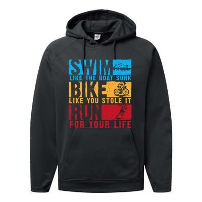 Cool Triathlon Boat Swim Bike Run Triathlete Performance Fleece Hoodie