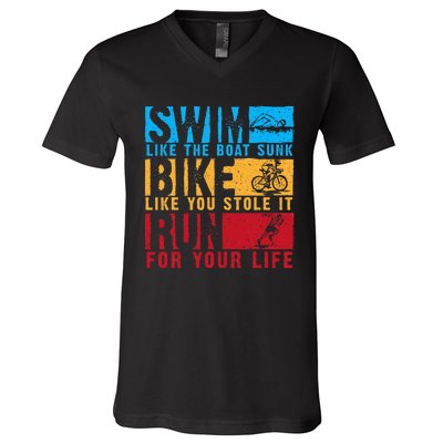 Cool Triathlon Boat Swim Bike Run Triathlete V-Neck T-Shirt