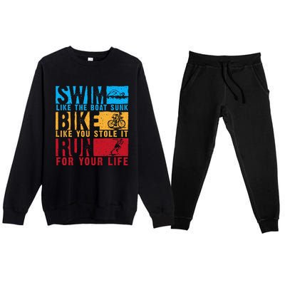 Cool Triathlon Boat Swim Bike Run Triathlete Premium Crewneck Sweatsuit Set