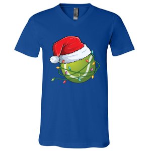 Christmas Tennis Ball In Santa Hat Wrapped In Holiday Lights V-Neck T-Shirt