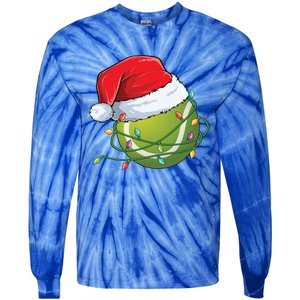 Christmas Tennis Ball In Santa Hat Wrapped In Holiday Lights Tie-Dye Long Sleeve Shirt