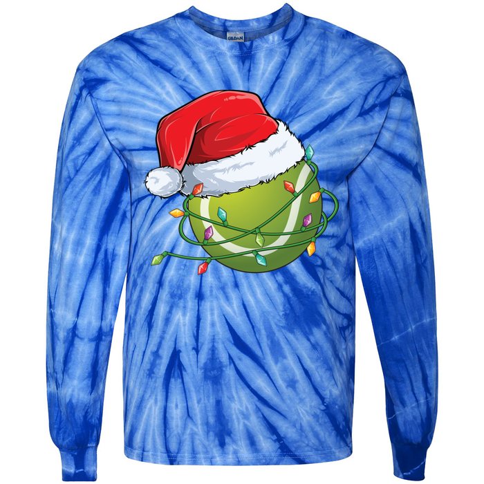 Christmas Tennis Ball In Santa Hat Wrapped In Holiday Lights Tie-Dye Long Sleeve Shirt