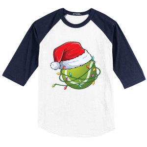 Christmas Tennis Ball In Santa Hat Wrapped In Holiday Lights Baseball Sleeve Shirt