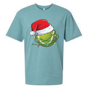 Christmas Tennis Ball In Santa Hat Wrapped In Holiday Lights Sueded Cloud Jersey T-Shirt