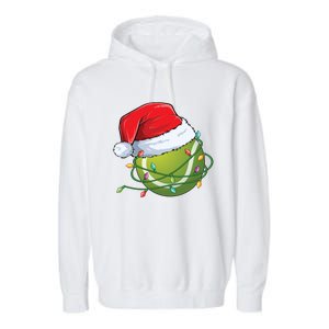 Christmas Tennis Ball In Santa Hat Wrapped In Holiday Lights Garment-Dyed Fleece Hoodie