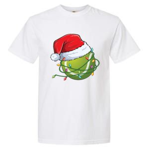 Christmas Tennis Ball In Santa Hat Wrapped In Holiday Lights Garment-Dyed Heavyweight T-Shirt