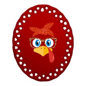 Cute Thanksgiving Bandana Glasses Turkey Girl Ceramic Oval Ornament