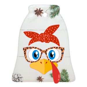 Cute Thanksgiving Bandana Glasses Turkey Girl Ceramic Bell Ornament