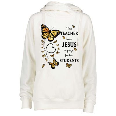 Christian Teacher Butterfly This Teacher Loves Jesus Womens Funnel Neck Pullover Hood