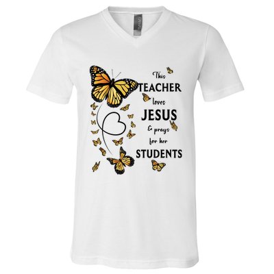 Christian Teacher Butterfly This Teacher Loves Jesus V-Neck T-Shirt