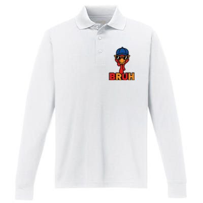 Cool Turkey Bruh Funny Thanksgiving Performance Long Sleeve Polo