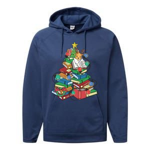 Christmas Tree Books Merry Bookmas Pajama Reading Book Lover Gift Performance Fleece Hoodie