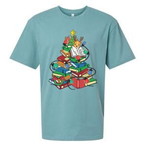 Christmas Tree Books Merry Bookmas Pajama Reading Book Lover Gift Sueded Cloud Jersey T-Shirt