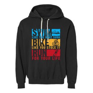 Cool Triathlon Boat Swim Bike Run Triathlete Garment-Dyed Fleece Hoodie