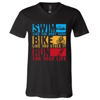 Cool Triathlon Boat Swim Bike Run Triathlete V-Neck T-Shirt