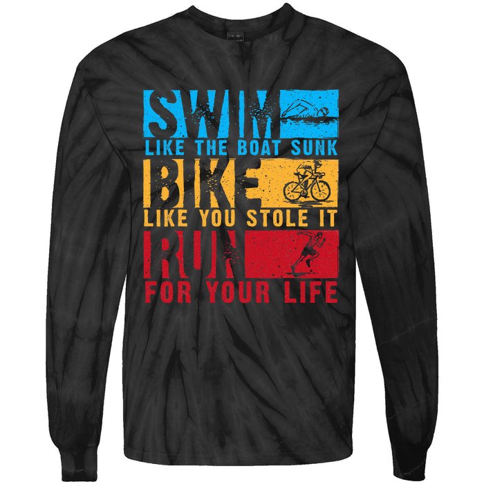 Cool Triathlon Boat Swim Bike Run Triathlete Tie-Dye Long Sleeve Shirt