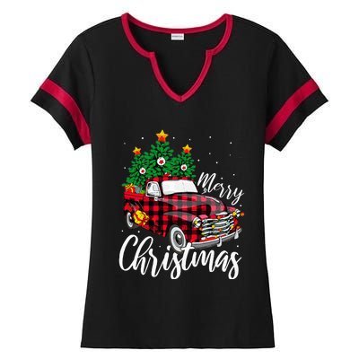 Christmas Tree Buffalo Plaid Red Truck family Ladies Halftime Notch Neck Tee