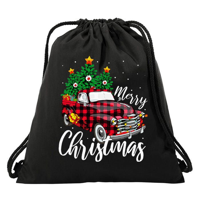 Christmas Tree Buffalo Plaid Red Truck family Drawstring Bag