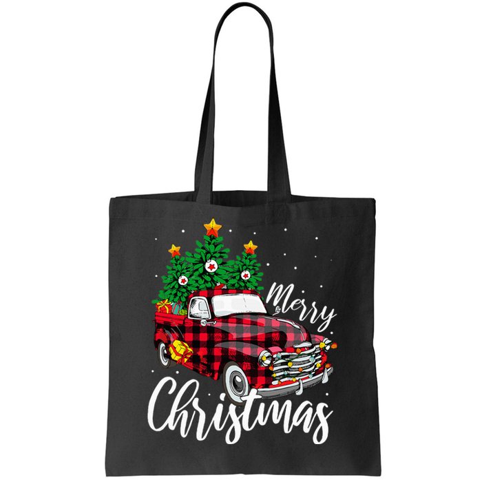 Christmas Tree Buffalo Plaid Red Truck family Tote Bag