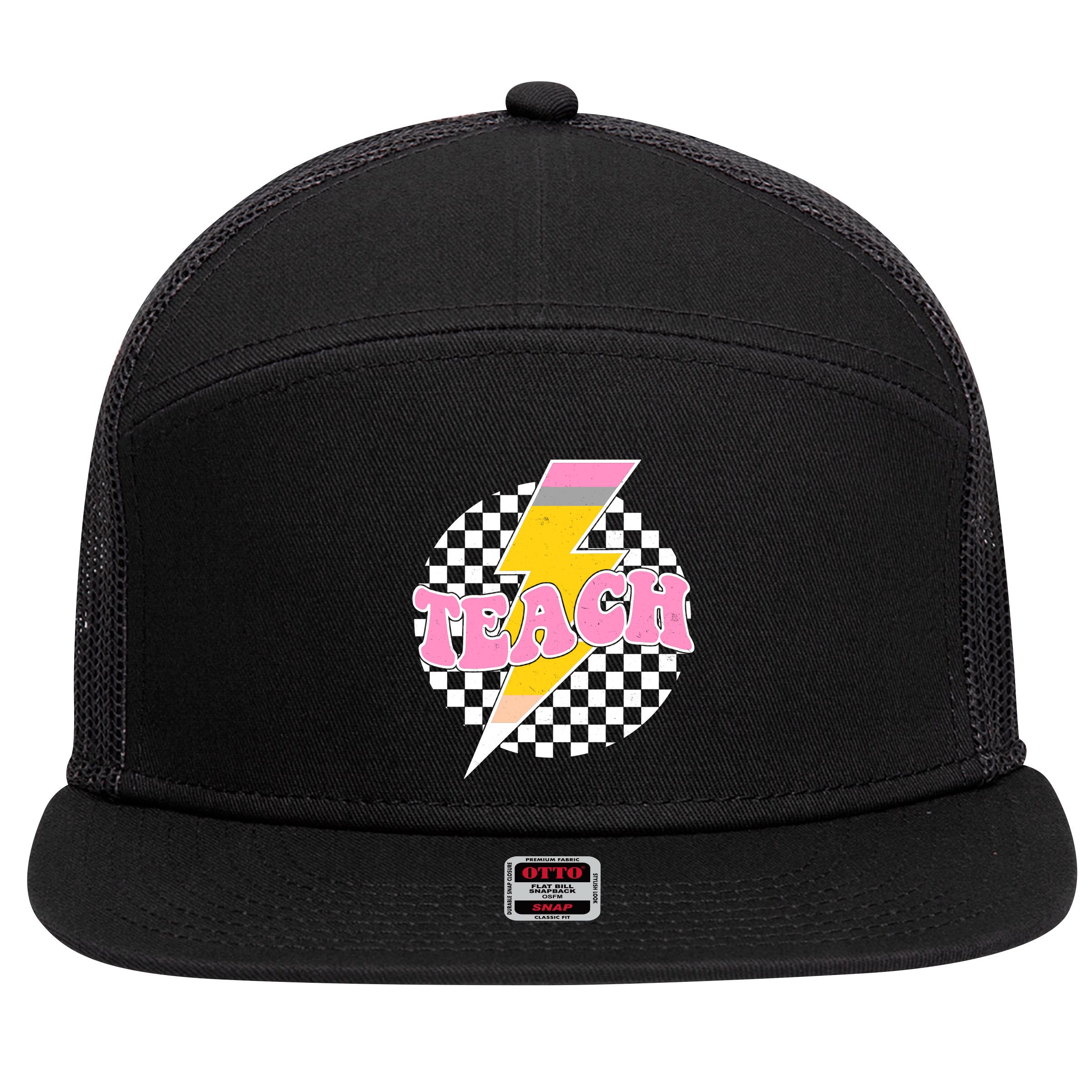 Checkered Teach Back To School Teacher 7 Panel Mesh Trucker Snapback Hat