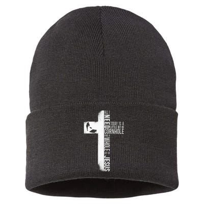 Cornhole Team Bean Bag Player Champ Cross Faith Jesus Sustainable Knit Beanie