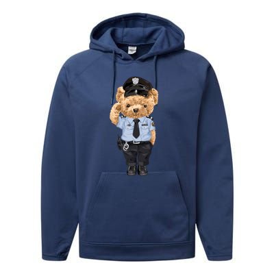 Cute Teddy Bear In Police Uniform Performance Fleece Hoodie